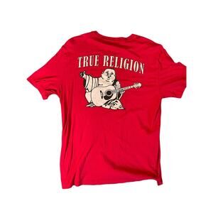 True Religion Shirt Mens Large Red Crew Graphic Print Logo Short Sleeve